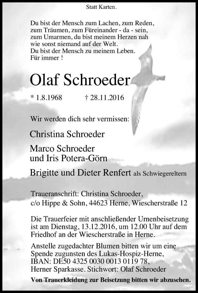  Traueranzeige für Olaf Schroeder vom 09.12.2016 aus Tageszeitung