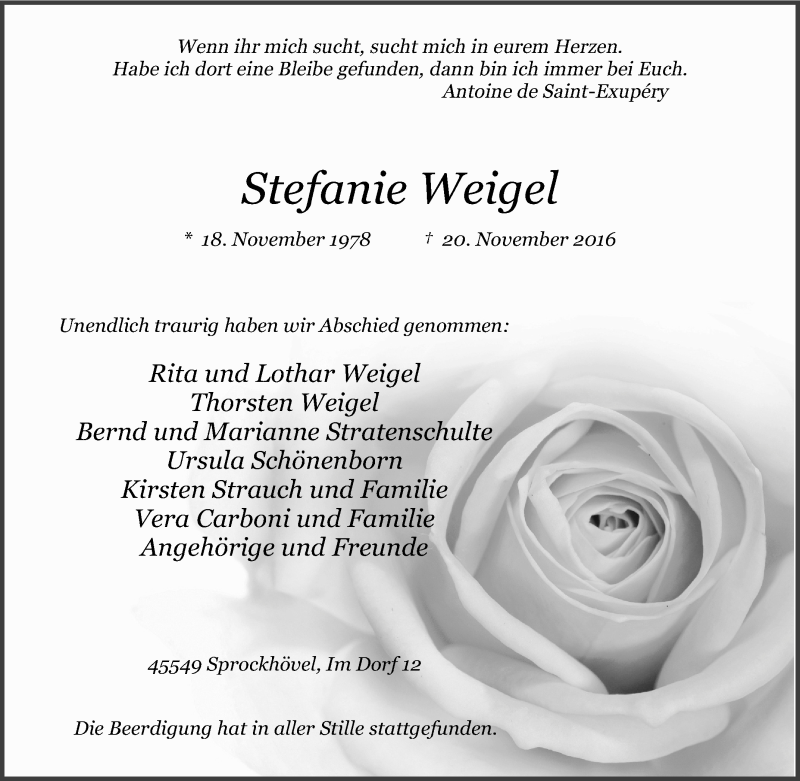  Traueranzeige für Stefanie Weigel vom 10.12.2016 aus Tageszeitung