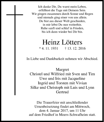 Traueranzeige von Heinz Lötters von Tageszeitung