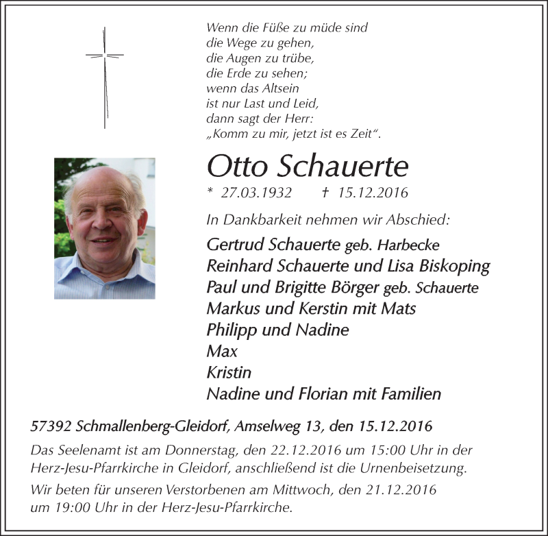  Traueranzeige für Otto Schauerte vom 19.12.2016 aus Tageszeitung