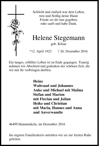 Traueranzeige von Helene Stegemann von Tageszeitung