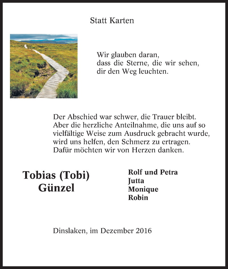  Traueranzeige für Tobias Günzel vom 17.12.2016 aus Tageszeitung