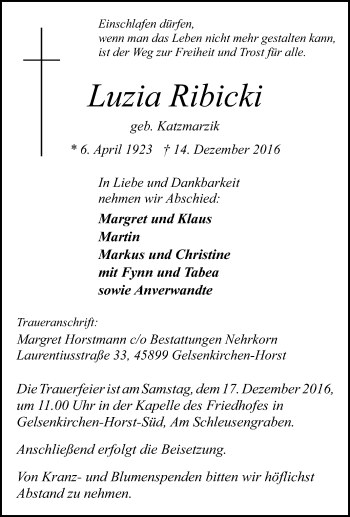 Traueranzeige von Luzia Ribicki von Tageszeitung