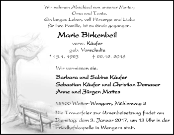 Traueranzeige von Marie Birkenbeil von Tageszeitung