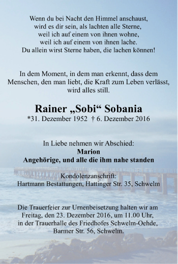 Traueranzeige von Rainer Sobania von Tageszeitung