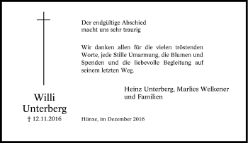 Traueranzeige von Willi Unterberg von Tageszeitung