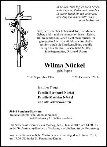 Traueranzeige von Wilma Nückel von Tageszeitung