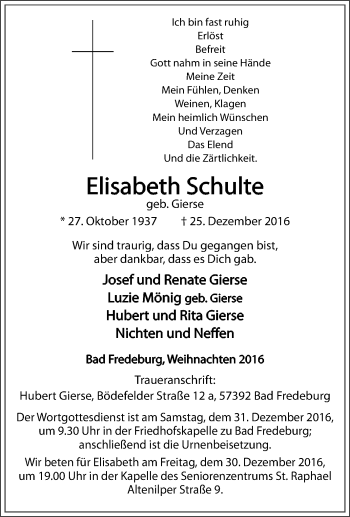 Traueranzeige von Elisabeth Schulte von Tageszeitung