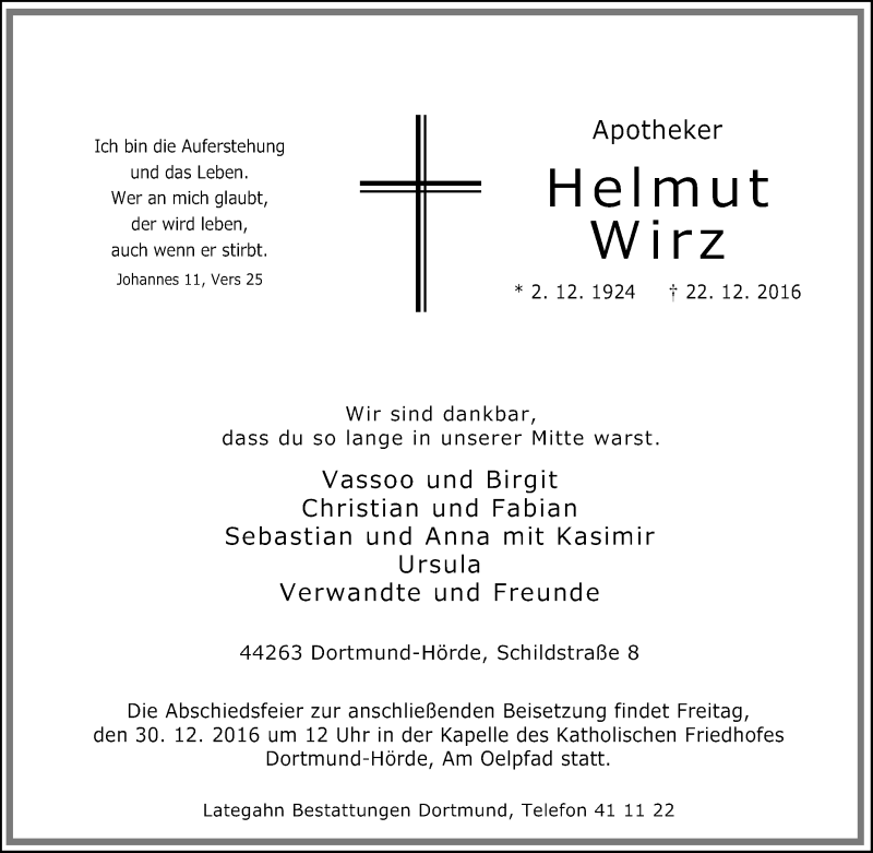  Traueranzeige für Helmut Wirz vom 28.12.2016 aus Tageszeitung