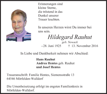 Traueranzeige von Hildegard Rauhut von Tageszeitung