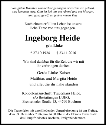 Traueranzeige von Ingeborg Heide von Tageszeitung