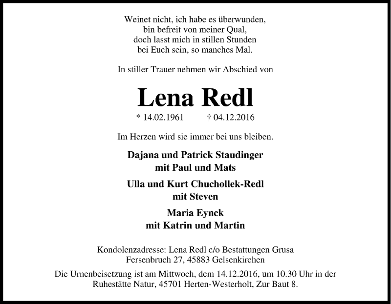  Traueranzeige für Lena Redl vom 10.12.2016 aus Tageszeitung
