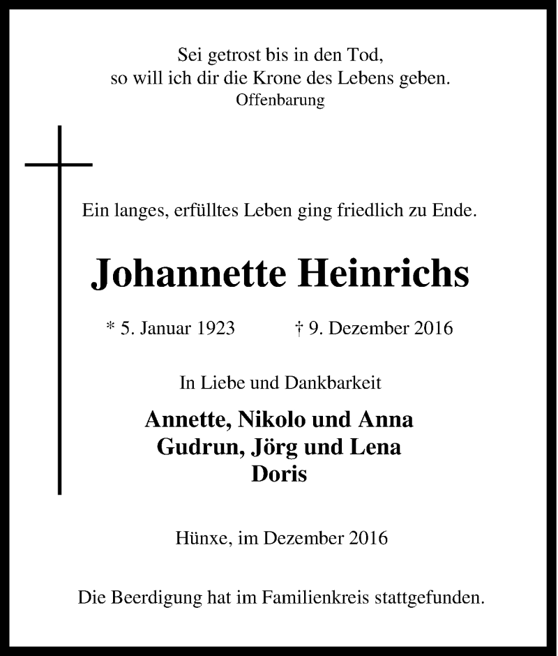  Traueranzeige für Johannette Heinrichs vom 17.12.2016 aus Tageszeitung