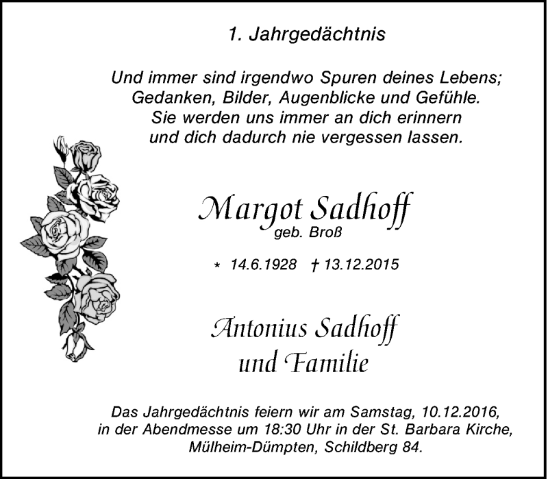  Traueranzeige für Margot Sadhoff vom 03.12.2016 aus Tageszeitung