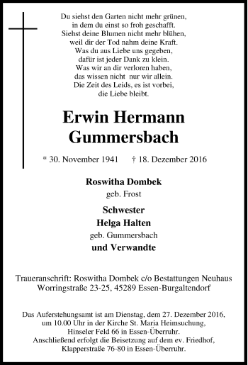 Traueranzeige von Erwin Hermann Gummersbach von Tageszeitung