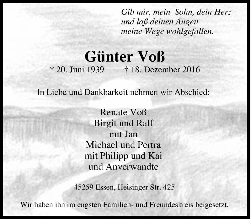  Traueranzeige für Günter Voß vom 29.12.2016 aus Tageszeitung