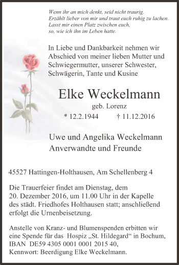 Traueranzeige von Elke Weckelmann von Tageszeitung