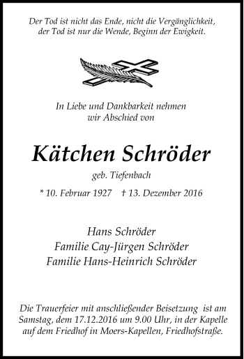 Traueranzeige von Kätchen Schröder von Tageszeitung