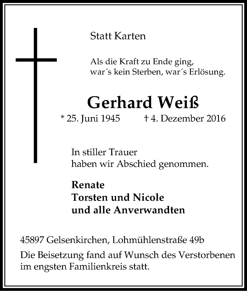  Traueranzeige für Gerhard Weiß vom 12.12.2016 aus Tageszeitung