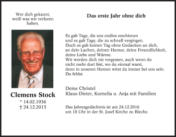 Traueranzeige von Clemens Stock von Tageszeitung