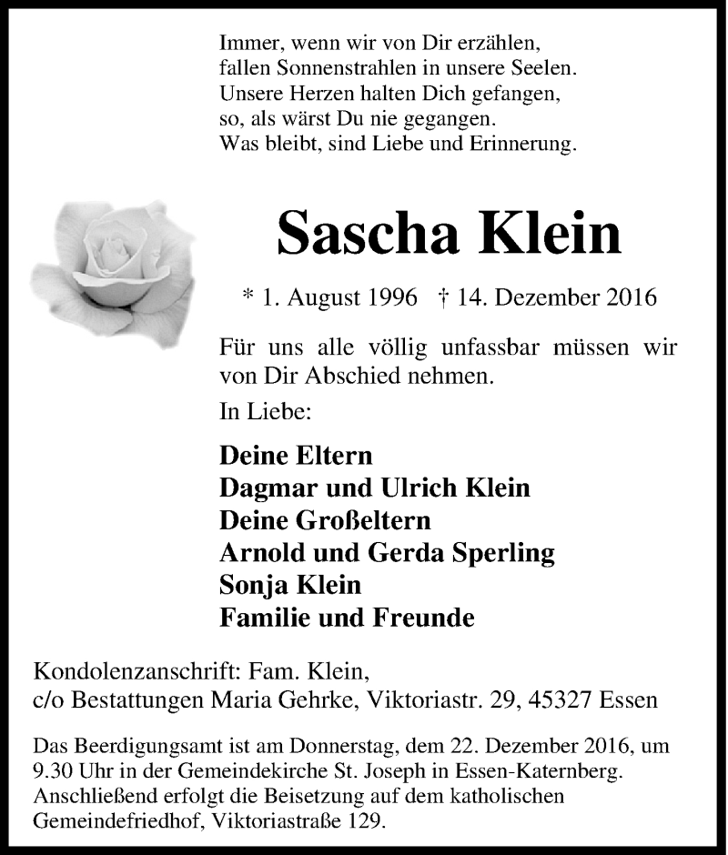  Traueranzeige für Sascha Klein vom 17.12.2016 aus Tageszeitung