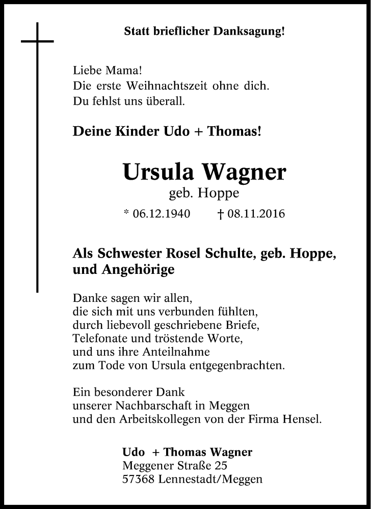  Traueranzeige für Ursula Wagner vom 21.12.2016 aus Tageszeitung