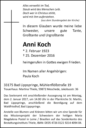 Traueranzeige von Anni Koch von Tageszeitung