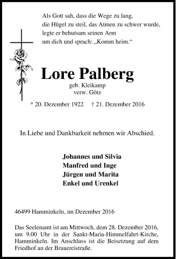 Traueranzeige von Lore Palberg von Tageszeitung