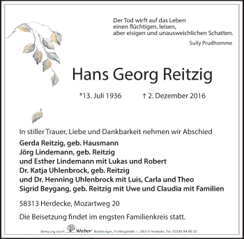 Traueranzeige von Hans Georg Reitzig von Tageszeitung