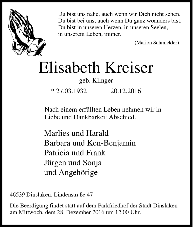  Traueranzeige für Elisabeth Kreiser vom 24.12.2016 aus Tageszeitung
