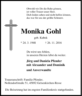 Traueranzeige von Monika Gohl von Tageszeitung