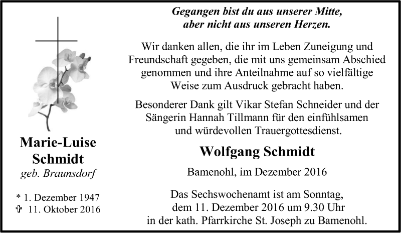  Traueranzeige für Marie-Luise Schmidt vom 05.12.2016 aus Tageszeitung
