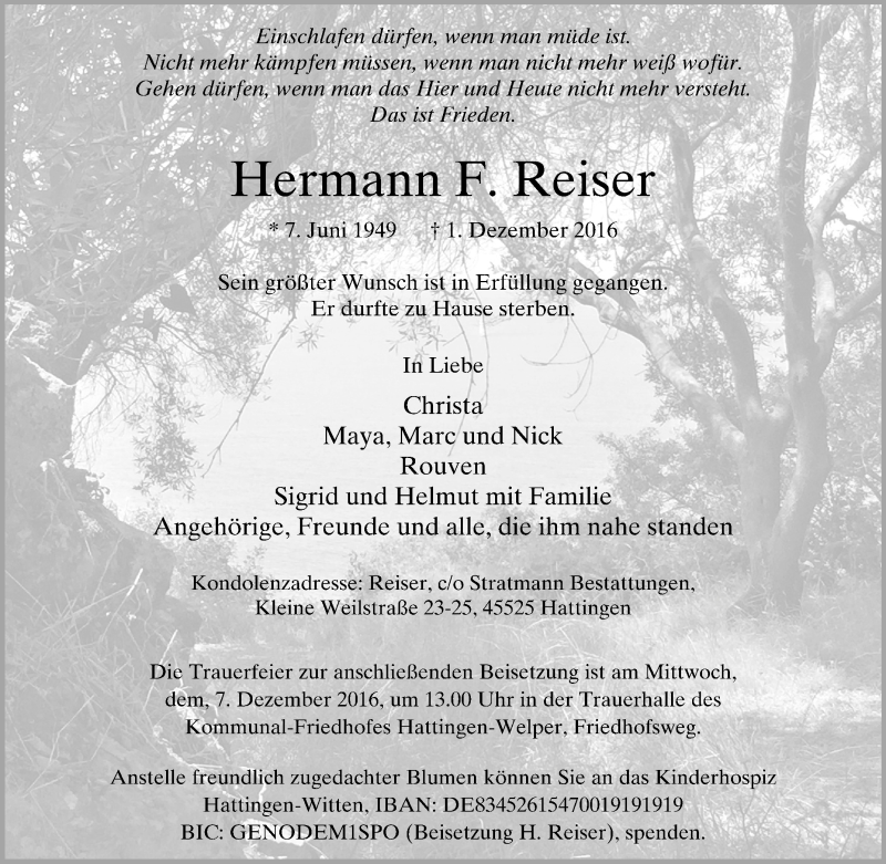  Traueranzeige für Hermann F. Reiser vom 03.12.2016 aus Tageszeitung