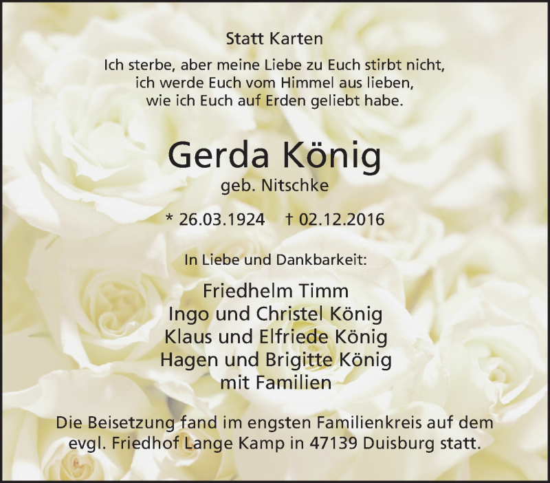  Traueranzeige für Gerda König vom 24.12.2016 aus Tageszeitung
