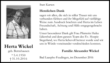 Traueranzeige von Herta Wickel von Tageszeitung