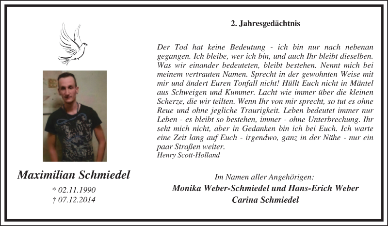 Traueranzeige für Maximilian Schmiedel vom 07.12.2016 aus Tageszeitung