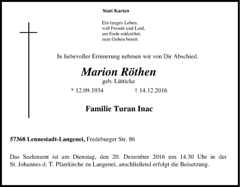 Traueranzeige von Marion Röthen von Tageszeitung