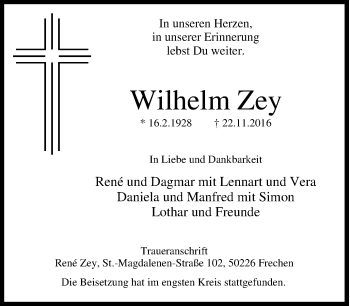 Traueranzeige von Wilhelm Zey von Tageszeitung
