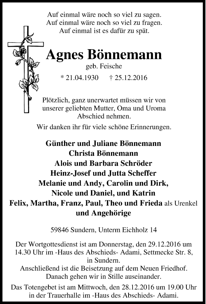  Traueranzeige für Agnes Bönnemann vom 27.12.2016 aus Tageszeitung