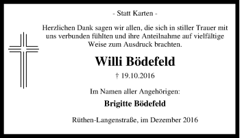 Traueranzeige von Willi Bödefeld von Tageszeitung