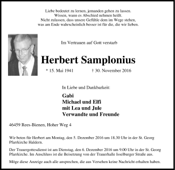 Traueranzeige von Herbert Samplonius von Tageszeitung