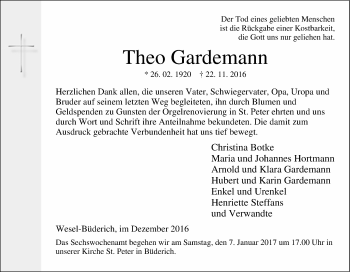 Traueranzeige von Theo Gardemann von Tageszeitung