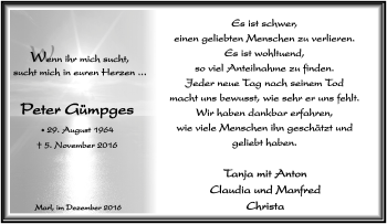 Traueranzeige von Peter Gümpges von Tageszeitung
