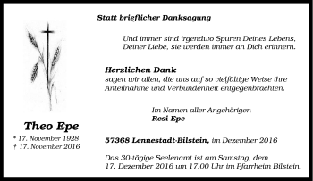 Traueranzeige von Theo Epe von Tageszeitung