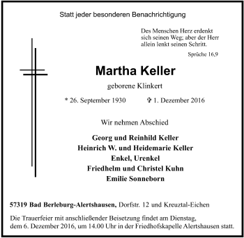 Traueranzeige von Martha Keller von Tageszeitung