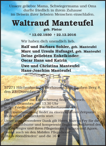 Traueranzeige von Waltraud Manteufel von Tageszeitung