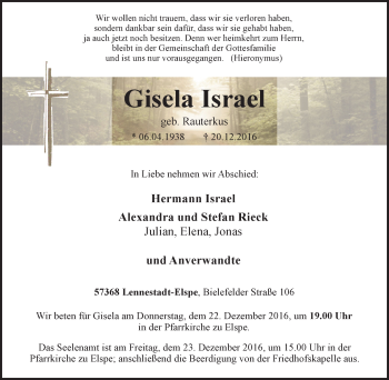 Traueranzeige von Gisela Israel von Tageszeitung