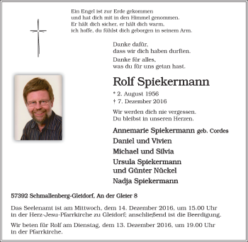 Traueranzeige von Rolf Spiekermann von Tageszeitung