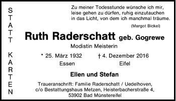 Traueranzeige von Ruth Raderschatt von Tageszeitung