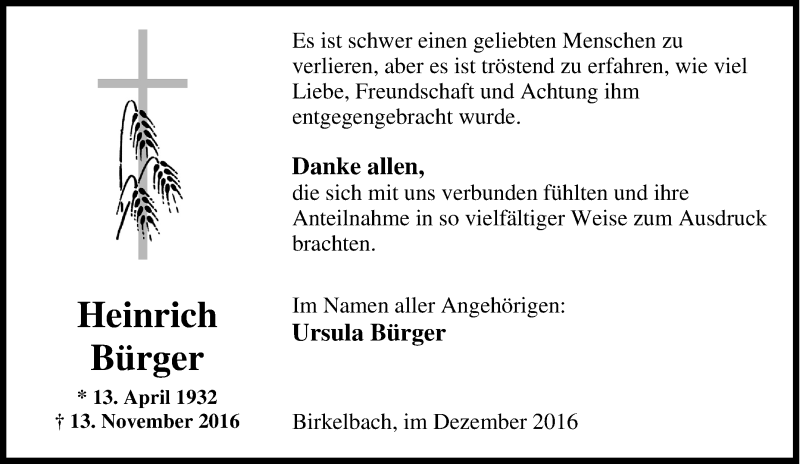  Traueranzeige für Heinrich Bürger vom 30.12.2016 aus Tageszeitung